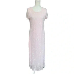 Vintage Women's 90s Byer Studio Pink w/ Sparkly White Floral Maxi Dress